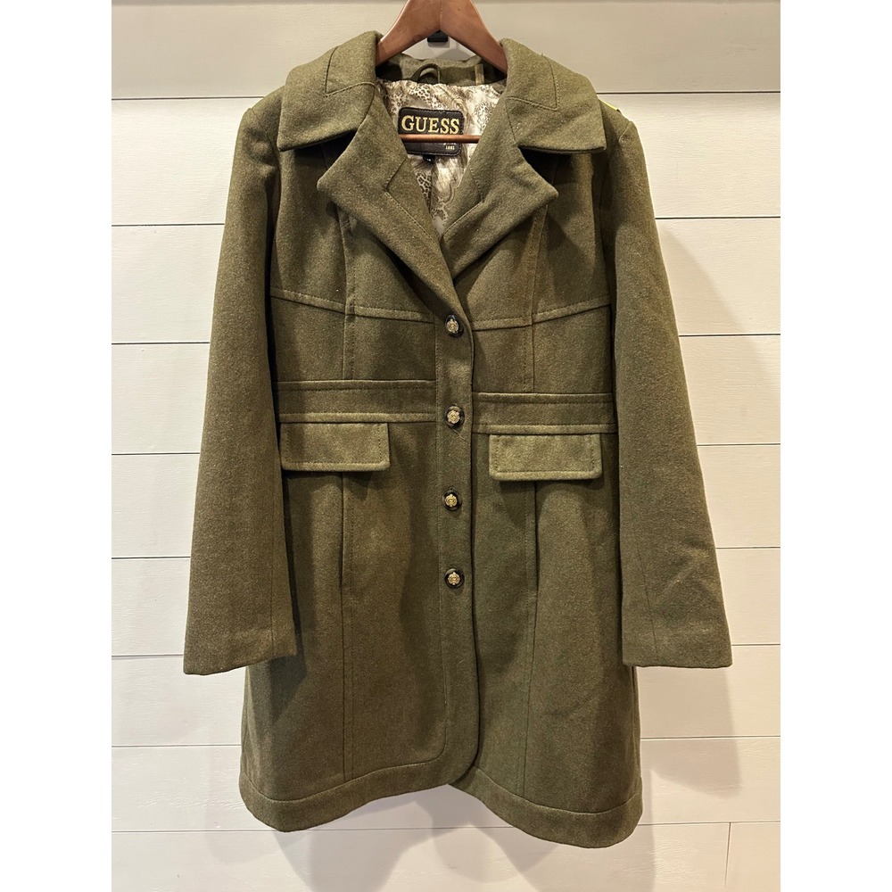 Guess Los Angeles Women Olive Green Wool Blend Trench Coat Military Style Size M